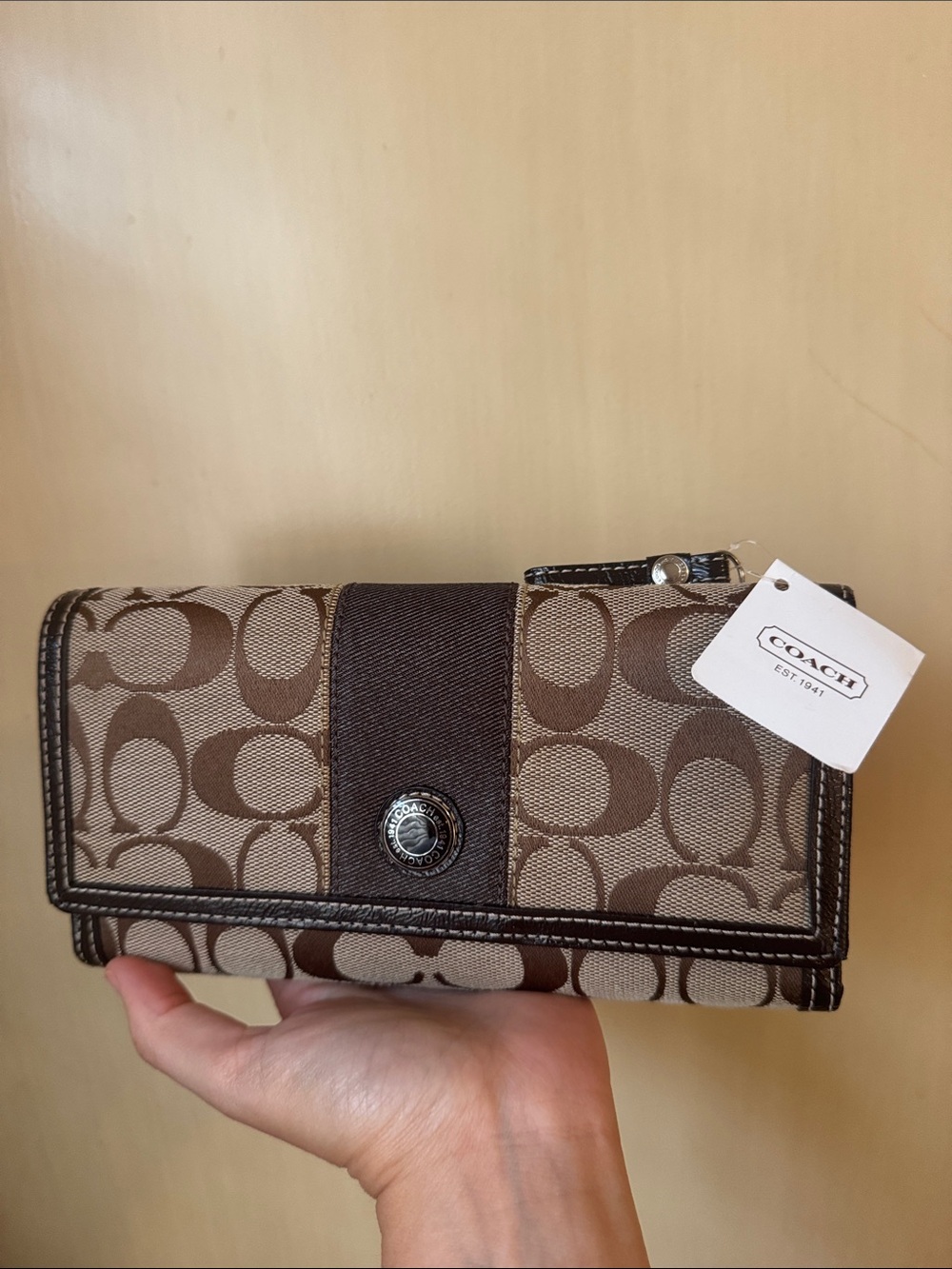 Coach Continental Wallet in Brown and Khaki Signature Canvas